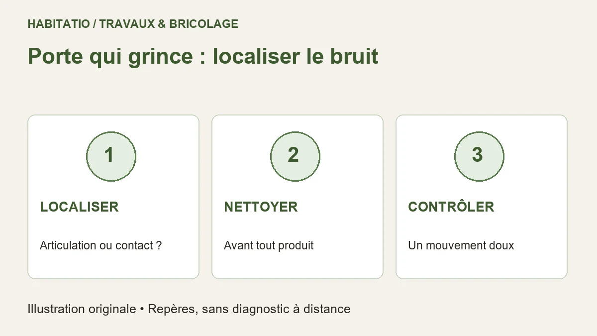 Trois étapes pour une porte qui grince : localiser, nettoyer, vérifier le mouvement.