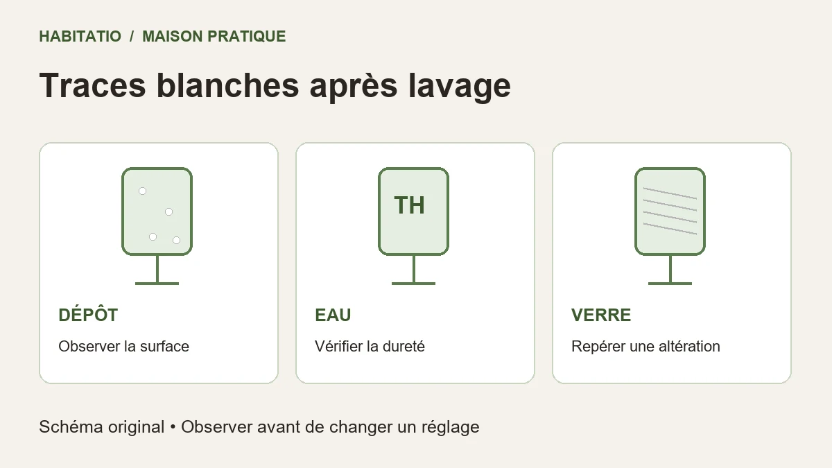 Schéma de diagnostic des traces blanches : dépôt en surface, dureté de l’eau et altération du verre.
